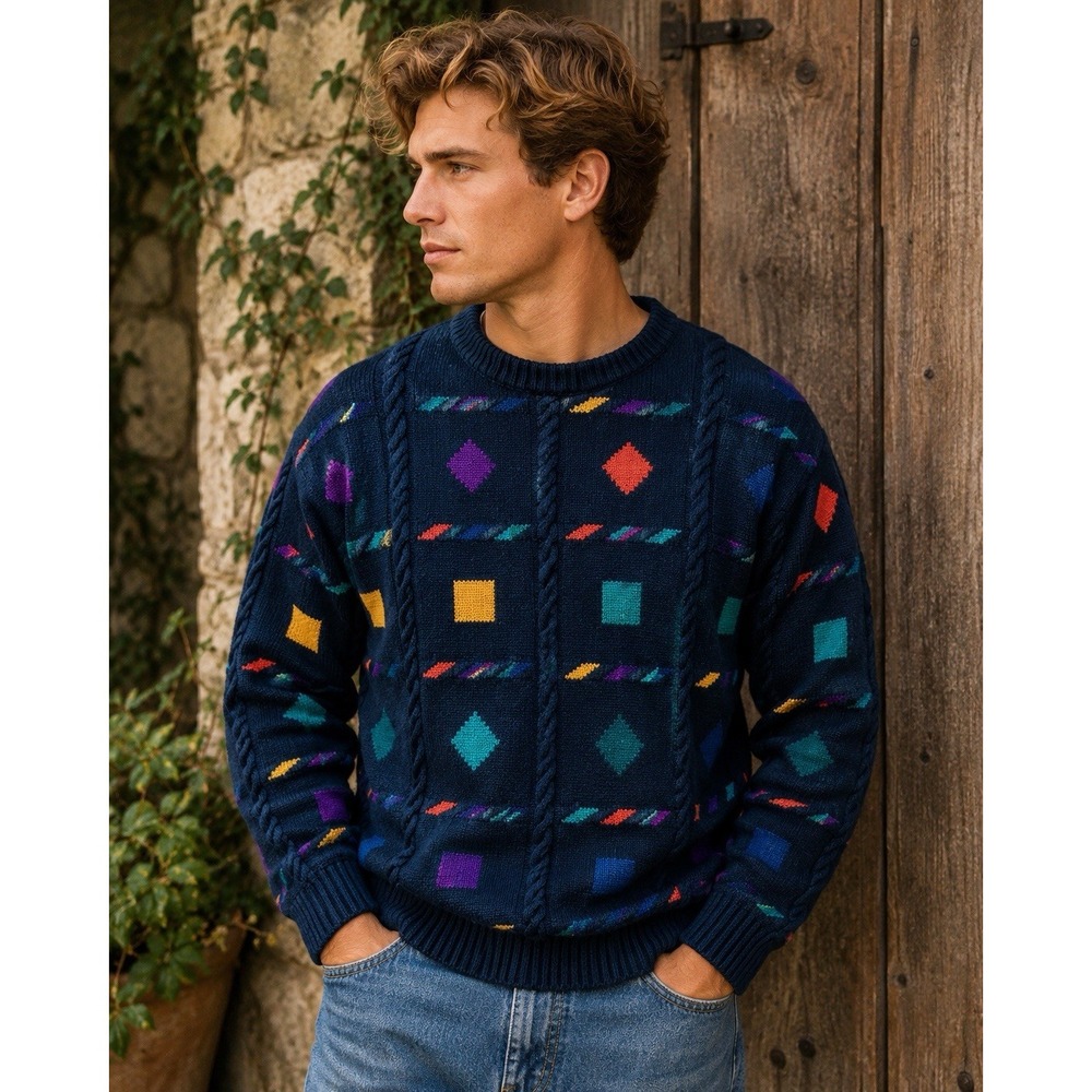 Vintage Northern Isles Sweater Mens M Ramie Cotton Geometric Cable Knit 80s 90s